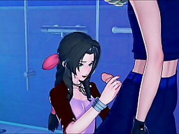 Aerith rides Cloud's dick in the bathroom before getting creampied against a wall. Final Fantasy 7 Hentai.
