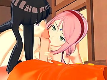 Hinata and Sakura get fucked by Naruto in a threesome, cums in both of them - Naruto Hentai.