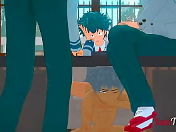 Boku No Hero Yaoi 3D - Deku fucks Bakugou under the table while talking to Todoroki and Kaminari - Bareback Anal Creampie