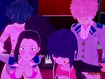 Boku No Hero Hentai - Orgy Yaoyorozu  Momo, Ochako Uraraka & Kyoka Jiro With Deku, Todoroki & Bakugou with crempie 3D Cartoon Anime