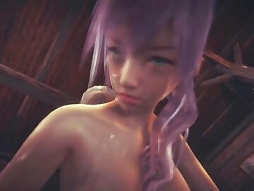 FFXIII: Lightning does double blowjob and gets fucked between two