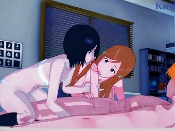 Rukia Kuchiki and Orihime Inoue have intense 3P sex with Ichigo Kurosaki - BLEACH Hentai