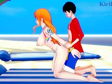 Nami(long hair) and Monkey D. Luffy have deep sex on the beach. - One Piece Hentai